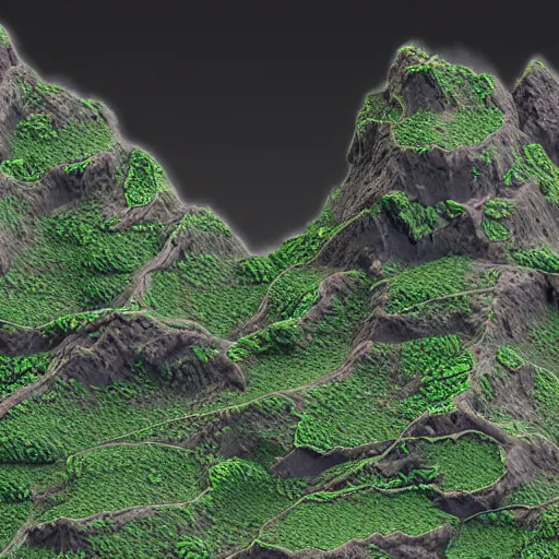 Image similar to a computer generated image of a mountain landscape, an ambient occlusion render by miyamoto, polycount, ecological art, prerendered graphics, made of vines, ambient occlusion