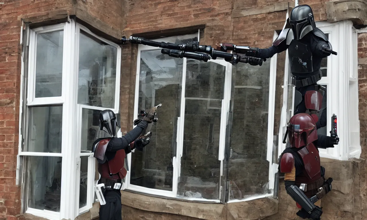 Image similar to one single mandalorian dismantling sash window in England with a lightsaber