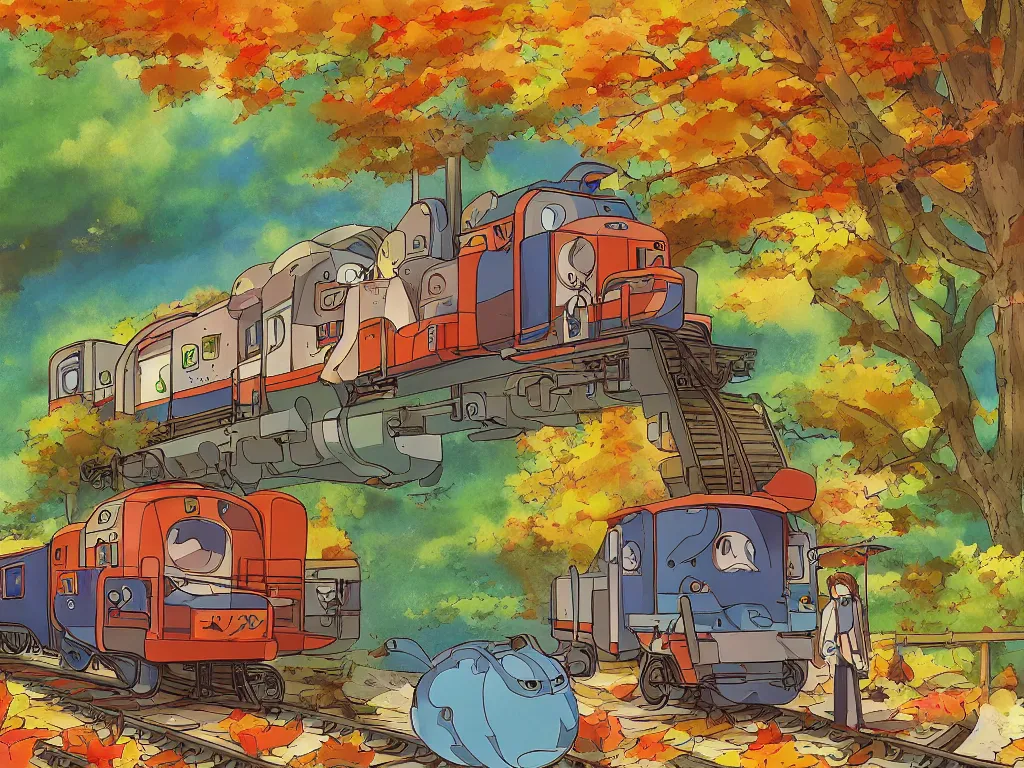 Image similar to longitudinal cut sideview of a anime train, autumn light, colorful, beautiful, by studio ghibli, by hayao miyazaki, digital art, concept art, manga, cute and adorable, illustration