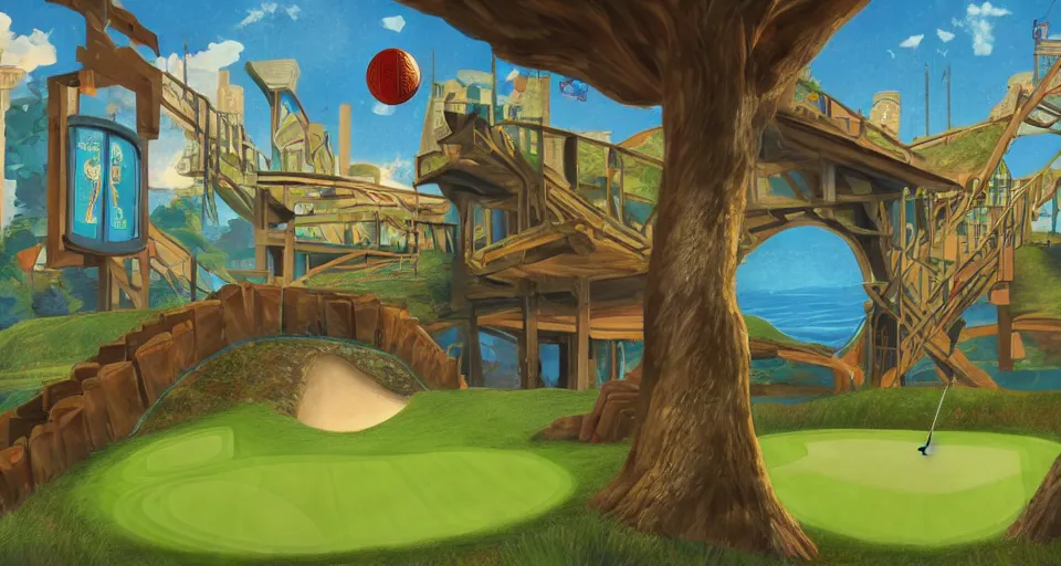 Image similar to A beautiful artwork illustration, a videogame level in a small golf-themed museum escape room with a golf ball who is a detective, featured on artstation, wide angle, horizontal orientation