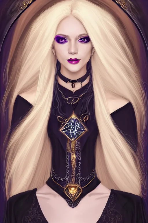 Image similar to portrait of a gorgeous female sorceress, looking at camera, D&D, choker on neck, stylish dark dress, arcane symbols, very long flowing blond hair, intricate, elegant, stylish, cute slightly nerdy smile, mouth slightly open, fantasy, extremely detailed, digital painting, artstation, concept art, smooth, sharp focus, illustration, stunning lighting, art by artgerm and greg rutkowski and alphonse mucha and simon stalenhag