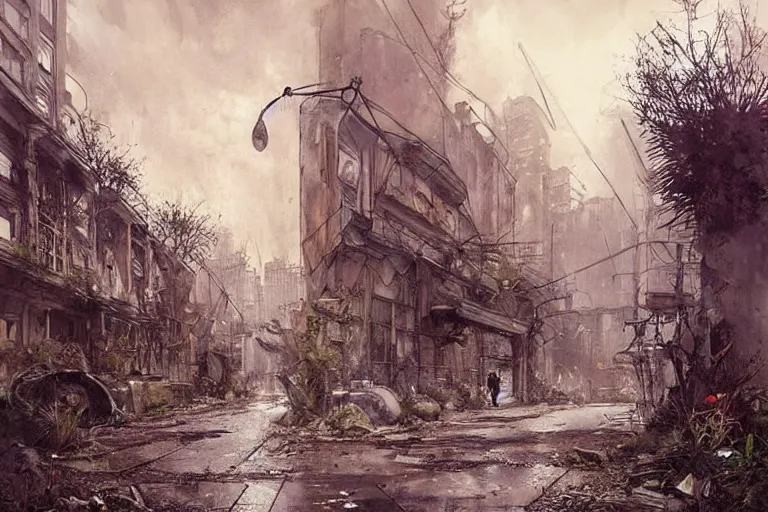 Image similar to (((((a post-apocalyptic city street, completely overgrown))))) by Jean-Baptiste Monge!!!!!!!!!!!!!!!!!!!!!!!!!!!