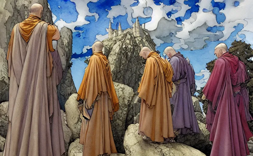 Image similar to a hyperrealist watercolour concept art of a group of medieval monks in grey robes pointing up at a large stone monument floating in the sky. by rebecca guay, michael kaluta, charles vess and jean moebius giraud. high detail, hq, wide shot