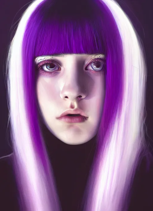 Image similar to hair whitebangs hair, black hair, whitebangs, portrait of teenage girl with white bangs, red irises, purple clothes, white bangs, bangs are different color from hair, intricate, elegant, glowing lights, highly detailed, digital painting, artstation, concept art, smooth, sharp focus, illustration, art by wlop, mars ravelo and greg rutkowski