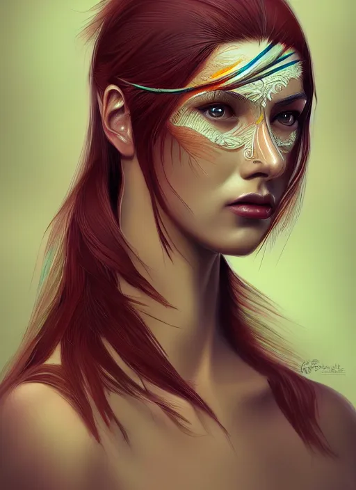 Image similar to portrait of female, quetzal feathers, intricate, elegant, highly detailed, digital painting, artstation, concept art, smooth, sharp focus, illustration