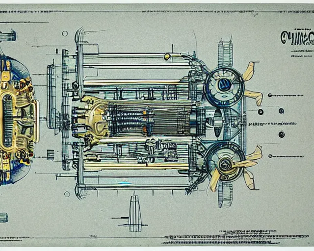 Prompt: a full page of a mechanical blueprint showing a cutaway design for a mechanized pikachu from howl's moving castle ( 2 0 0 4 ), with a big head, muted colors, post grunge, studio ghibli, hq,