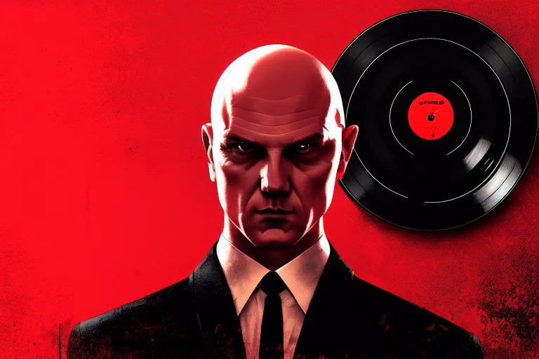 Image similar to a portrait of agent 4 7 from hitman wearing headphones and putting a vinyl record onto a turntable, dark background, red rim light, digital art, artstation, concept art by giger stalenhag