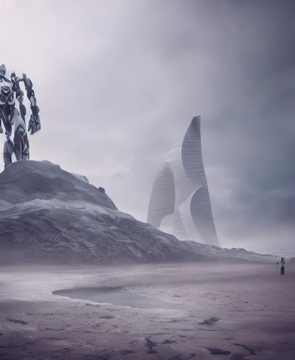 Image similar to surreal romantic mecha covenant deformation tower, futuristic berserk white architecture in the beach in iceland, foggy, highly detailed, digital painting, arstation, concept art, hyperealistic octane render, unreal engine,