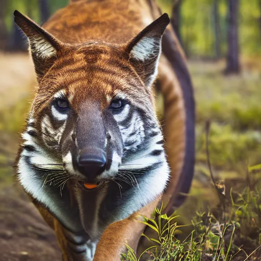 Prompt: Tasmanian Tiger in the wilderness, (Sony a7R IV, symmetric balance, polarizing filter, Photolab, Lightroom, 4K, Dolby Vision, Photography Award)