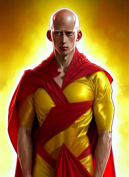 Image similar to ultra realistic illustration, handsome saitama. yellow and red cape, intricate, elegant, highly detailed, digital painting, artstation, concept art, smooth, sharp focus, illustration, art by artgerm and greg rutkowski and alphonse mucha and wlop