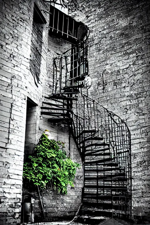 Prompt: small overgrown urban garden at twilight in Montreal backalley, brick wall, metal spiral staircase, overcast sky, moonlight, volumetric lighting, cell-shading, blue and black color scheme, digital art