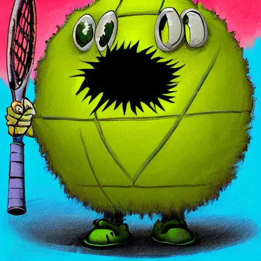 Image similar to a tennis ball monster , water, tennis ball, dark, chalky, digital art, fantasy, magic, trending on artstation, ultra detailed, professional illustration by Basil Gogos