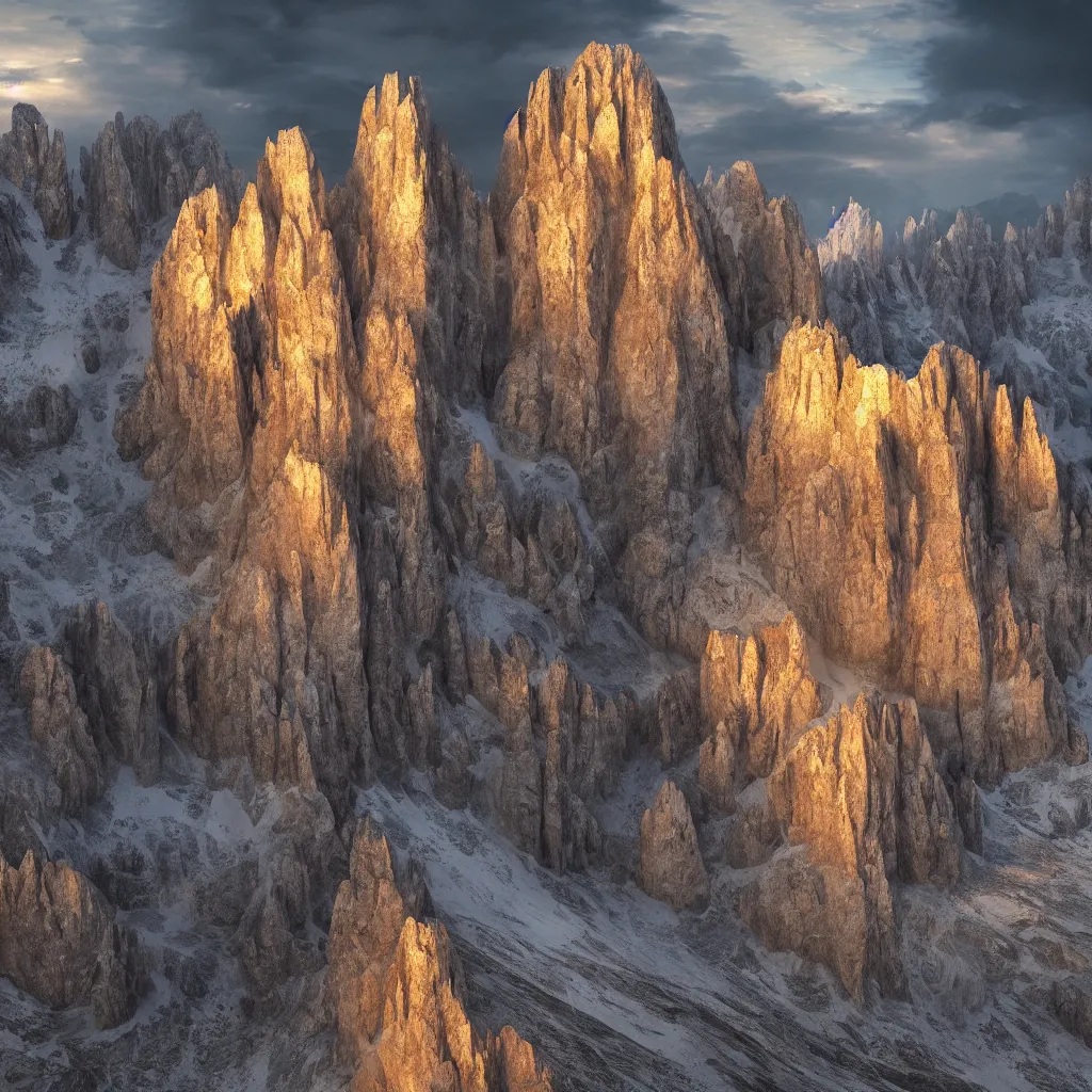 Prompt: dolomites made of gold and iridescent obsidian, volumetric lighting, octane render, magical, dramatic, stunning, cinematic shot 8K HDR 4K very detailed, moody, ambiance