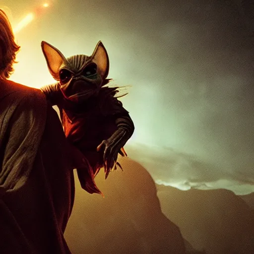 Prompt: Luke skywalker carrying a gremlin on his shoulders, from star wars movie, cinematic lighting, backlight