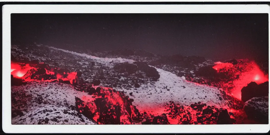 Image similar to polaroid photo of a vulcanic eruption in a snowy icy area, bright red lava, bright white snow and ice