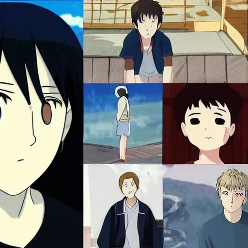 Image similar to ryan gosling in anime style, ghibli, spirited away, weather child, your name is