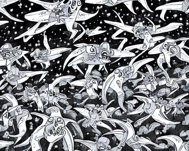 Image similar to A swarm of flying alien hippos animated by Pendleton Ward, extremely high detail, manga, ink