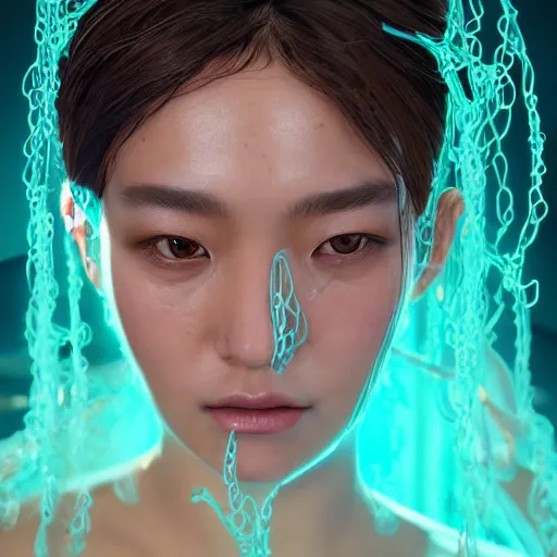 Image similar to intricate highly detailed face portrait of asian - european woman, light mint transparent water vines on her face, intricate, cgsociety, unreal engine, octane render, sharp focus, smooth, volumetric lighting, cinematic composition, artstation c 1 0. 0