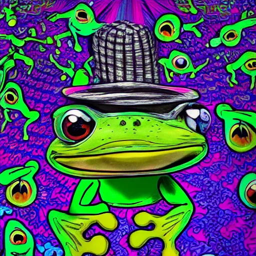 Prompt: businessman in a psychedelic trip by a poisonous frog hyper realism, high detail, octane