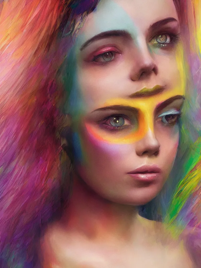 Image similar to close up portrait of beautiful rainbow woman by disney concept artists, blunt borders, rule of thirds