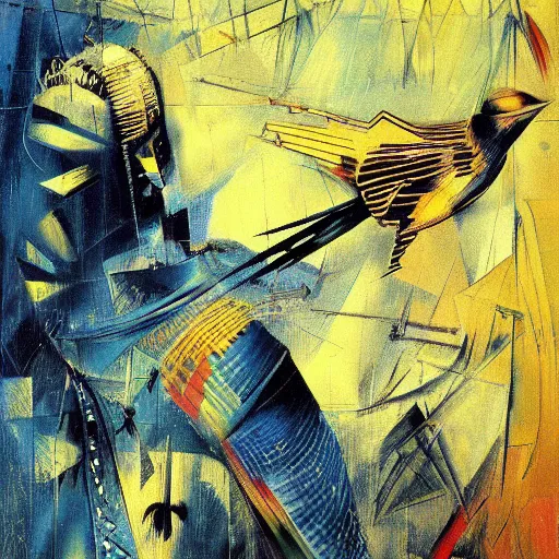 Image similar to the progressive rasterization of a bird, from a mechanical one into a pixel one, golden - blue oil on canvas by dave mckean and yoji shinkawa and roberto matta