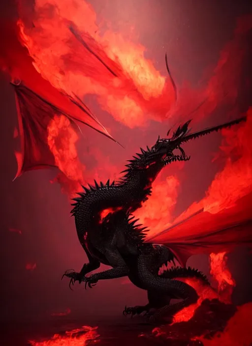 Image similar to chthonic black dragon with red demonic eyes on the red smoke background, photorealistic, ultra detailed, trending on artstation, concept art, octane render, unreal engine, by shinji aramaki, by christopher balaskas, by krenz cushart