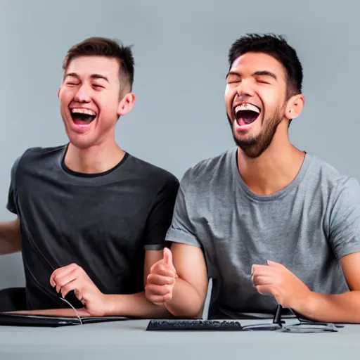 Image similar to several guys typing on keyboard while laughing very hard, mouth wide open tsticking tongues out, studio light, grey background, centered, photorealsitic