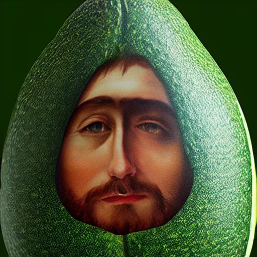 Prompt: a realistic avocado with jesus face on it, bizantine, hyperrealistic, extremely detailed, vivid, apocalyptic, volumetric illumination, 8 k, matte painting