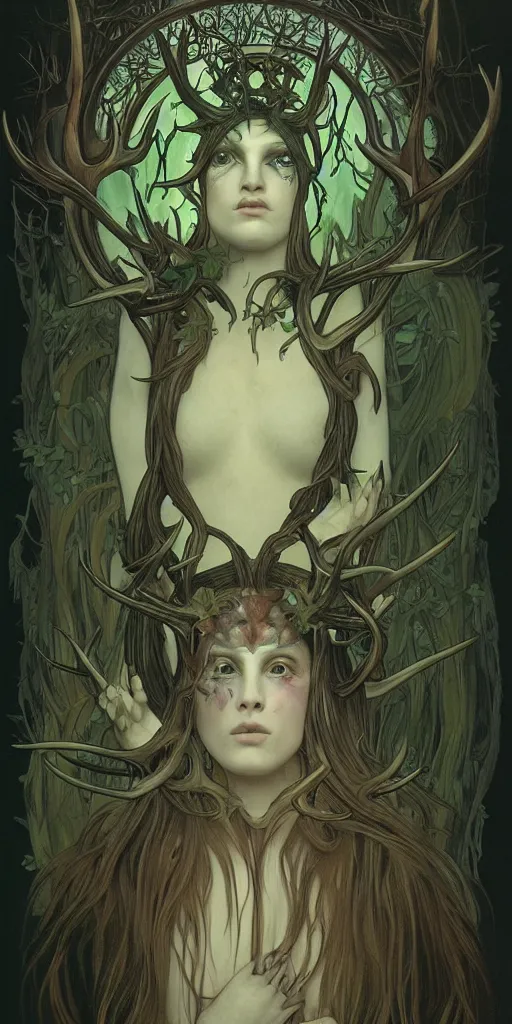 Image similar to intense bioluminescent glowing pagan god with antlers and tusks and pure black eyes in very dark forest by mark ryden and alphonse mucha, portrait, fantasy, clear, light beams, lens flare, intense, uhd, amazing depth, cinematic lighting