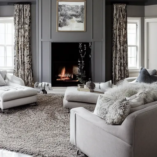 Prompt: cozy living room, grey walls, white ceiling, fireplace, medallion area rug, left hand sofa & chaise