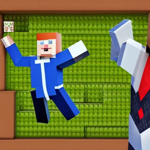 Prompt: boris johnson as minecraft figure fighting against creeper in intricate base, ultra detail