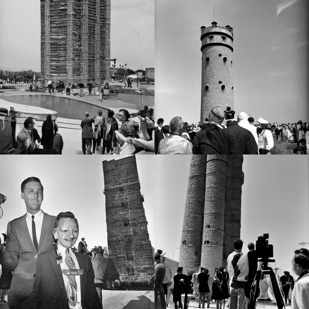 Prompt: the gigantic tower, 1960's photo, award winning, people taking photos with big cameras