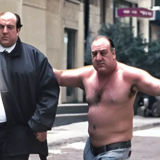 Prompt: tony soprano dragging a shirtless donald trump down the dirty streets of hoboken new jersey. 4 k movie still