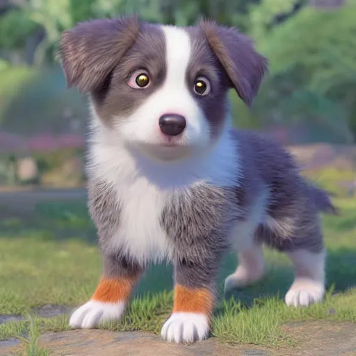 Image similar to a wholesome animation key shot of a grey and copper colored australian shepherd puppy, studio ghibli, pixar and disney animation, sharp, rendered in unreal engine 5, anime key art by greg rutkowski, bloom, dramatic lighting