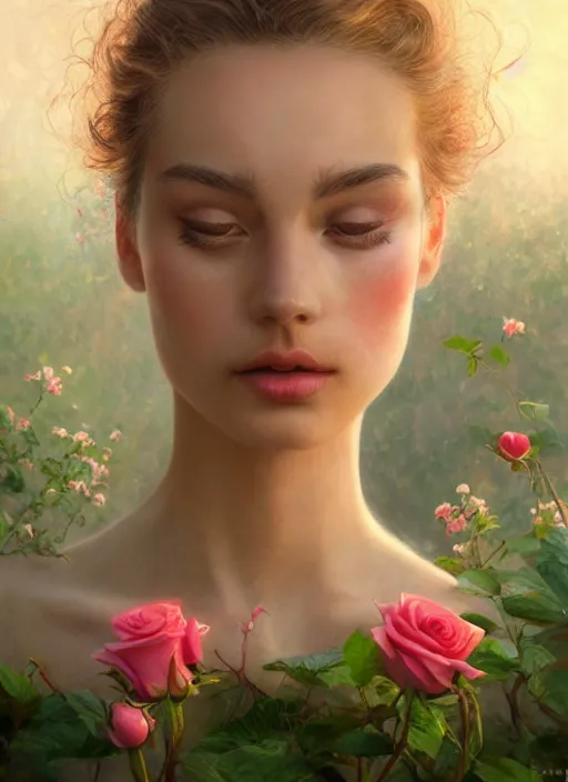 Image similar to stunningly beautiful face, prima ballerina in rose garden, symmetrical face, golden hour, smooth, focus, highly detailed, hyper realistic, dramatic lighting, elegant, intricate, concept art, art by wlop, mars ravelo, greg rutowski, artstation