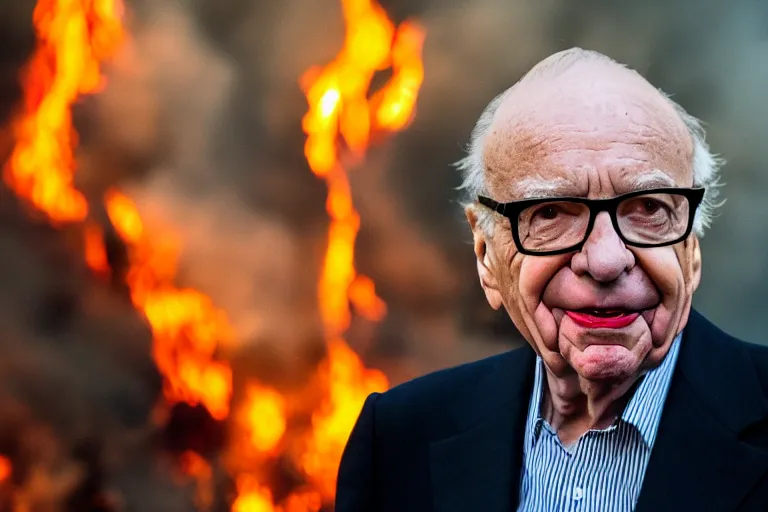 Prompt: ((((The Joker with the face of)))) Rupert Murdoch wearing glasses, standing in hell surrounded by fire and flames and bones and brimstone, portrait photography, depth of field, bokeh