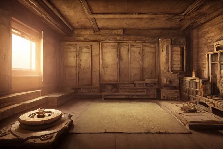 Image similar to artstation scifi scene of a shabby chinese rural room, earth kang, wooden bookcase, a small lotus shrine, in winter paneled walls, unreal engine 5, hyper realism, realistic shading, cinematic composition, blender render, octane render, hdr, detailed textures, photorealistic, wide shot