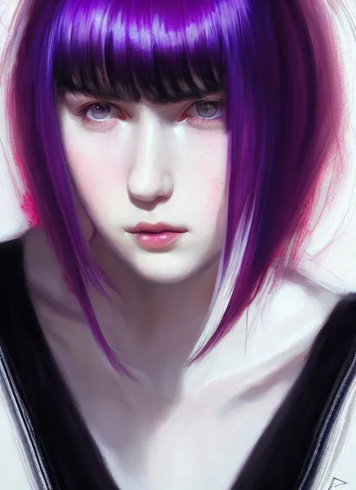 Image similar to portrait of teenage girl, red irises, bangs, black and white hair, white bangs, purple clothes, white bangs, bangs, black hair and white bangs, intricate, elegant, glowing lights, highly detailed, digital painting, artstation, concept art, smooth, sharp focus, illustration, art by wlop, mars ravelo and greg rutkowski