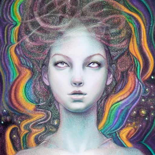 Image similar to beautiful detailed artistic portrait of a person travelling between different astral planes. grainy and rough. artistic painting by lurid ( 2 0 2 2 ). featured on deviantart.