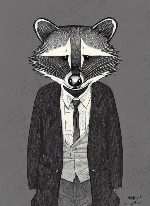 Prompt: a dramatic illustration portrait of an anthropomorphic raccoon mob boss, by victo ngai, by stephen gammell, by george ault, in the style of animal crossing, artstation