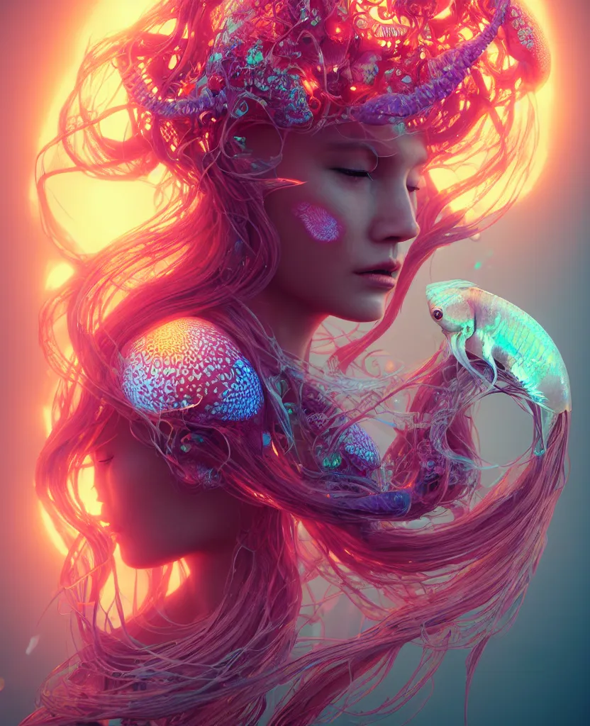 Image similar to goddess close-up portrait. jellyfish phoenix head, nautilus, orchid, skull, betta fish, bioluminiscent creatures, intricate artwork by Tooth Wu and wlop and beeple. octane render, trending on artstation, greg rutkowski very coherent symmetrical artwork. cinematic, hyper realism, high detail, octane render, 8k