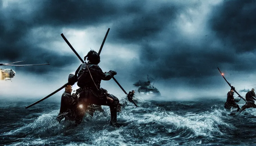 Image similar to cinestill 5 0 d epic photographic environment by steven spielberg of large scale samurai battle in treacherous waters, flooded city, wide shot, moody emotional cinematic, pouring iridescent rain bright spotlight helicopter, 8 k, hd, high resolution, 3 5 mm, f / 3 2, ultra realistic faces,