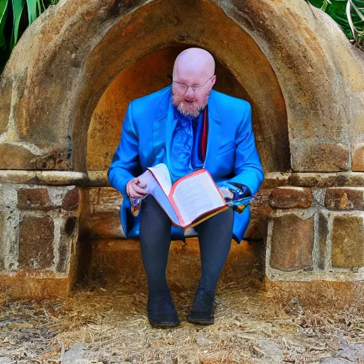 Image similar to Aussie opal hunter Greg The Bishop sat on the dunny reading Shakespeare