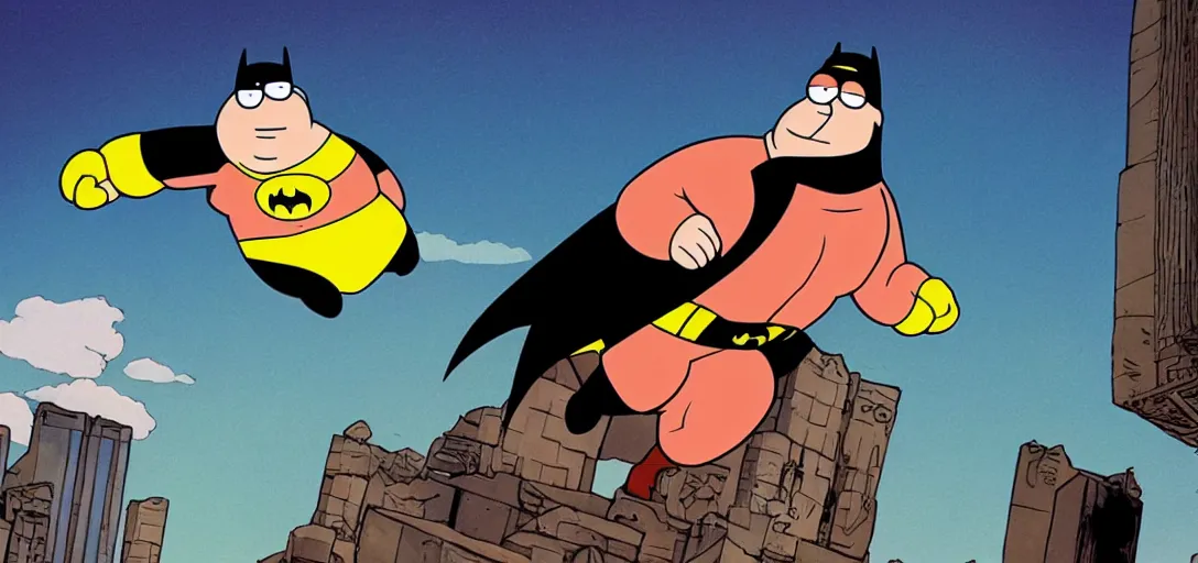 Image similar to peter griffin as batman, flying in sky