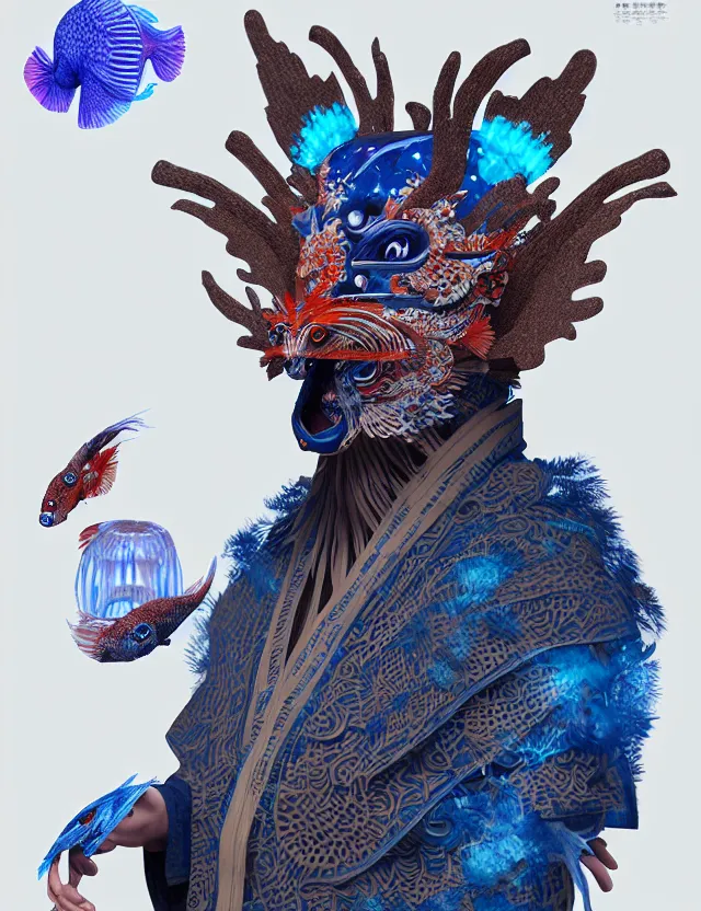 Prompt: 3 d shaman portrait. beautiful intricately detailed japanese crow kitsune mask and clasical japanese kimono. betta fish, jellyfish phoenix, bio luminescent, plasma, ice, water, wind, creature, artwork by tooth wu and wlop and beeple and greg rutkowski