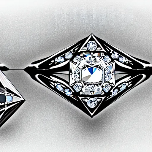 Prompt: sketch of engagement ring with two smaller diamonds outside and one bigger diamond in the middle, detailed, concept art, victorian, schematic