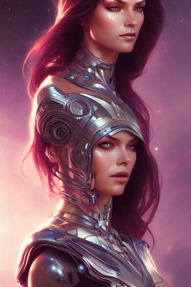 Image similar to futuristic woman portrait, sci-fi, amber eyes, face, long hair, fantasy, intricate, elegant, highly detailed, digital painting, artstation, concept art, smooth, sharp focus, illustration, art by artgerm and greg rutkowski and alphonse mucha