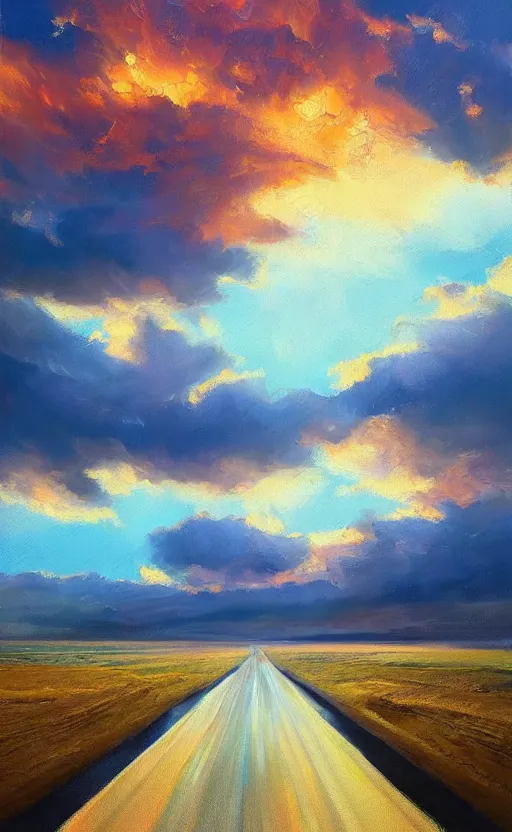 Image similar to paperback book cover. oil painting. pure colors, melting clouds, accurately drawn details, a sunburst above a receding road with the light reflected in furrows and ruts, after rain. photorealistic. octane render. cinematic. trending on artstation. textless.