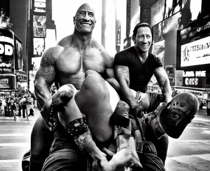 Image similar to Dwayne the Rock Johnson riding on the back of Adam Sandler, doing Methamphetamine at Times Square, photograph by Alfred Eisenstaedt, 4K, dramatic lighting; 4K 8K