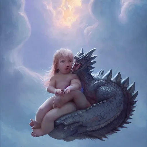 Image similar to a whimsical portrait of a little baby angel riding on a cute dragon pet by Greg Rutkowski, Sung Choi, Mitchell Mohrhauser, Maciej Kuciara, Johnson Ting, Maxim Verehin, Peter Konig, final fantasy, Marco lense, photorealistic 8k, cinematic lighting, HD, high detail, atmospheric, trending on artstation